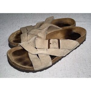 Birkenstock Lugano Soft Footbed Tan Suede Leather Sandals Women's 38 7 7.5